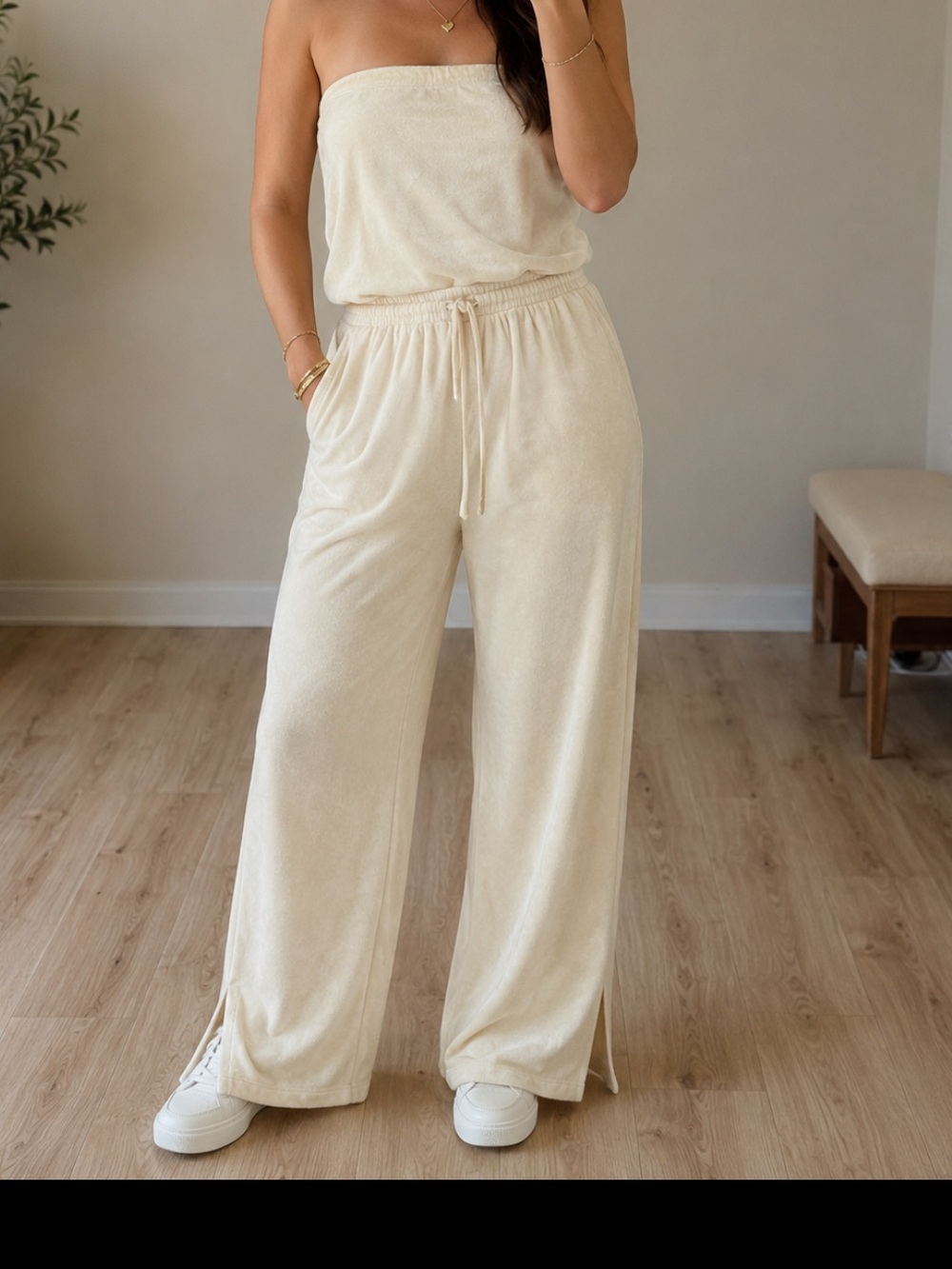 Beyond Yoga Strapless Cream Wide-Leg Jumpsuit with Drawstring Waist